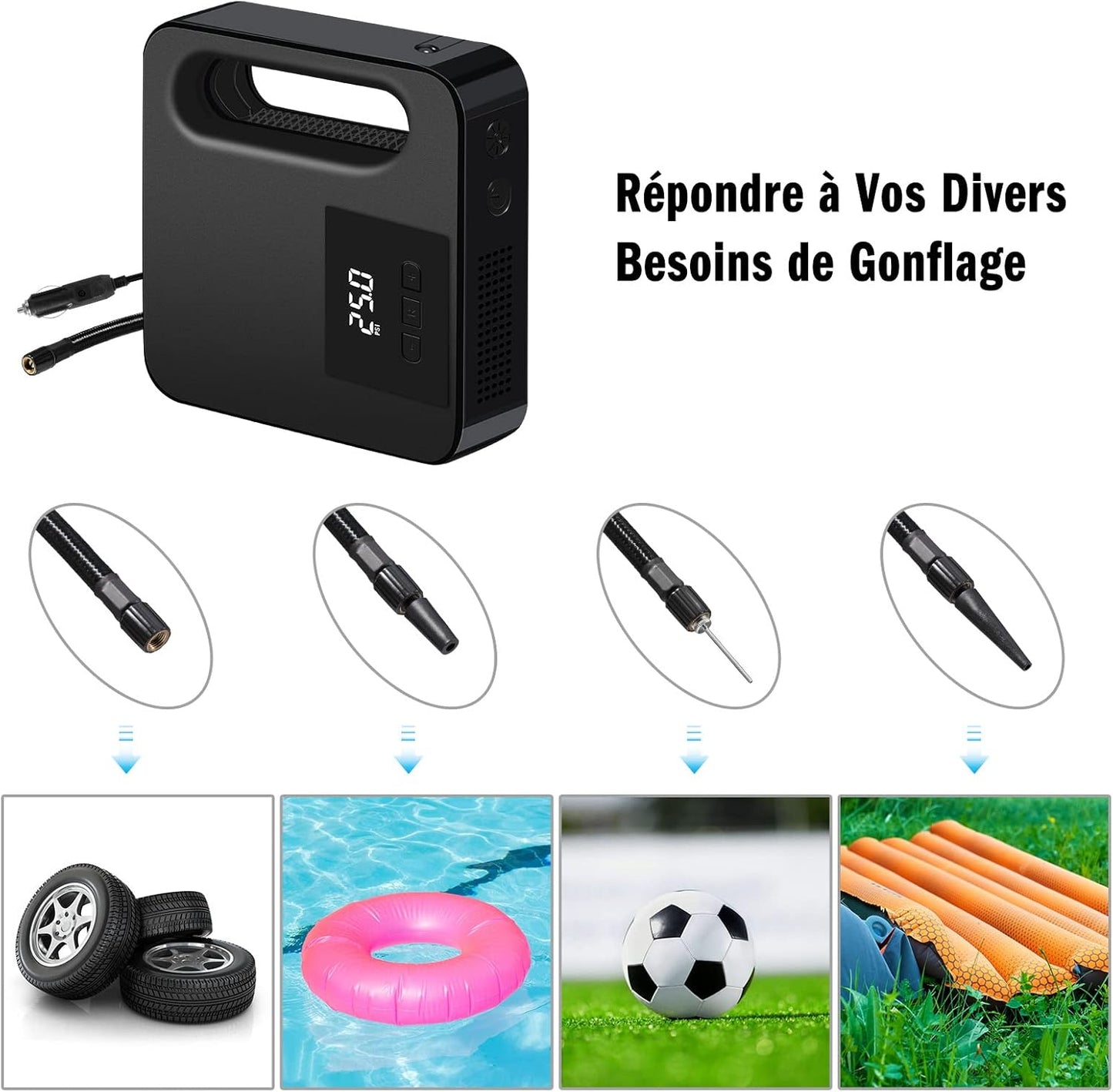 Vinabo 12V Luftkompressor, Tragbarer Kompressor Autoreifen, 150PSI Mini Reifenfüller Tragbar Mit LED Licht - Digitaler Reifendruckmesser Automatische Pumpe/Abschaltung (Schwarz)