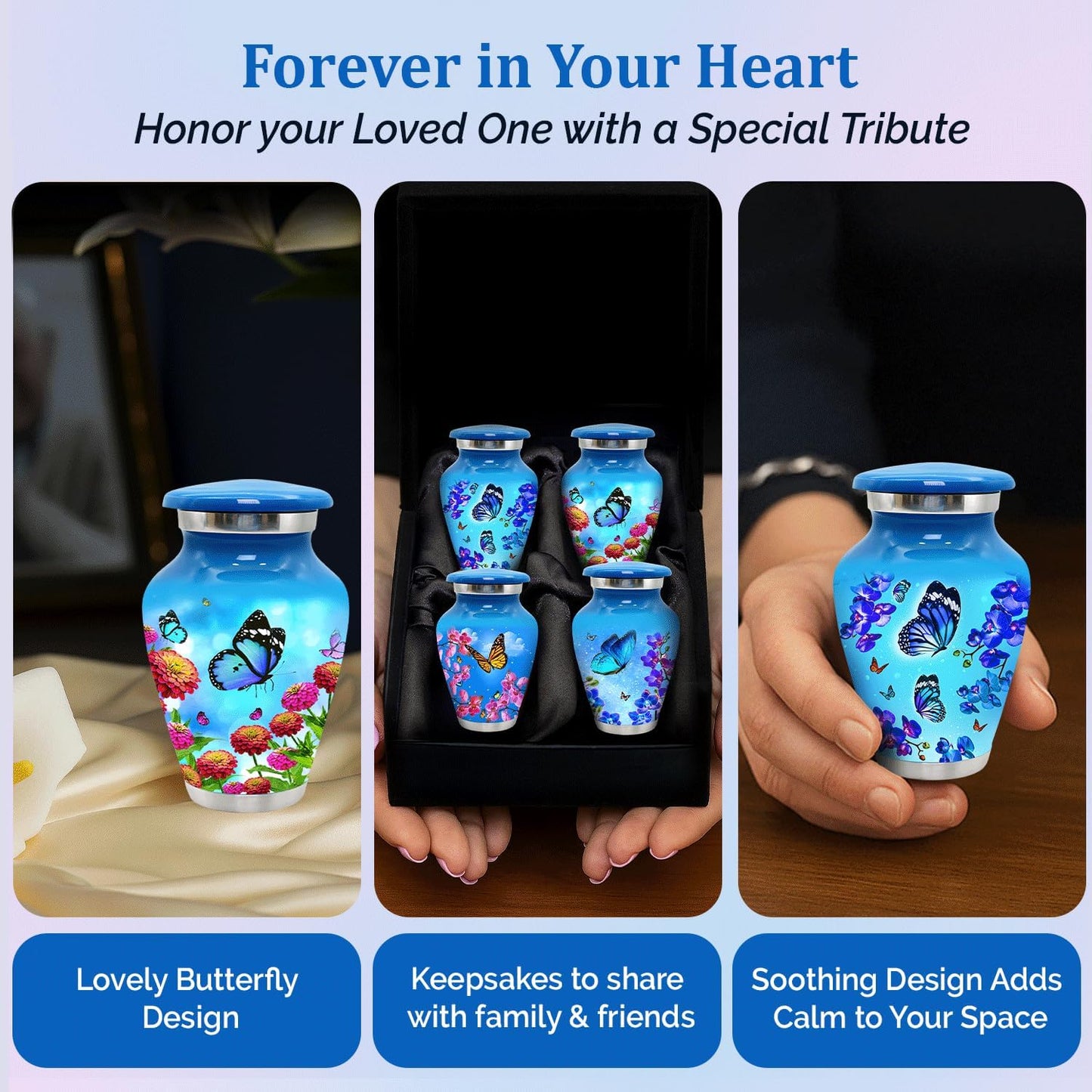Small Urns for Human Ashes Keepsake - Set of 4 Mini Butterfly Cremation Urns for Women - 3 Cubic Inch Each - Memorial Keepsake Urns with Velvet Bag and Box for Loved One (Sky Blue, Set of 4)