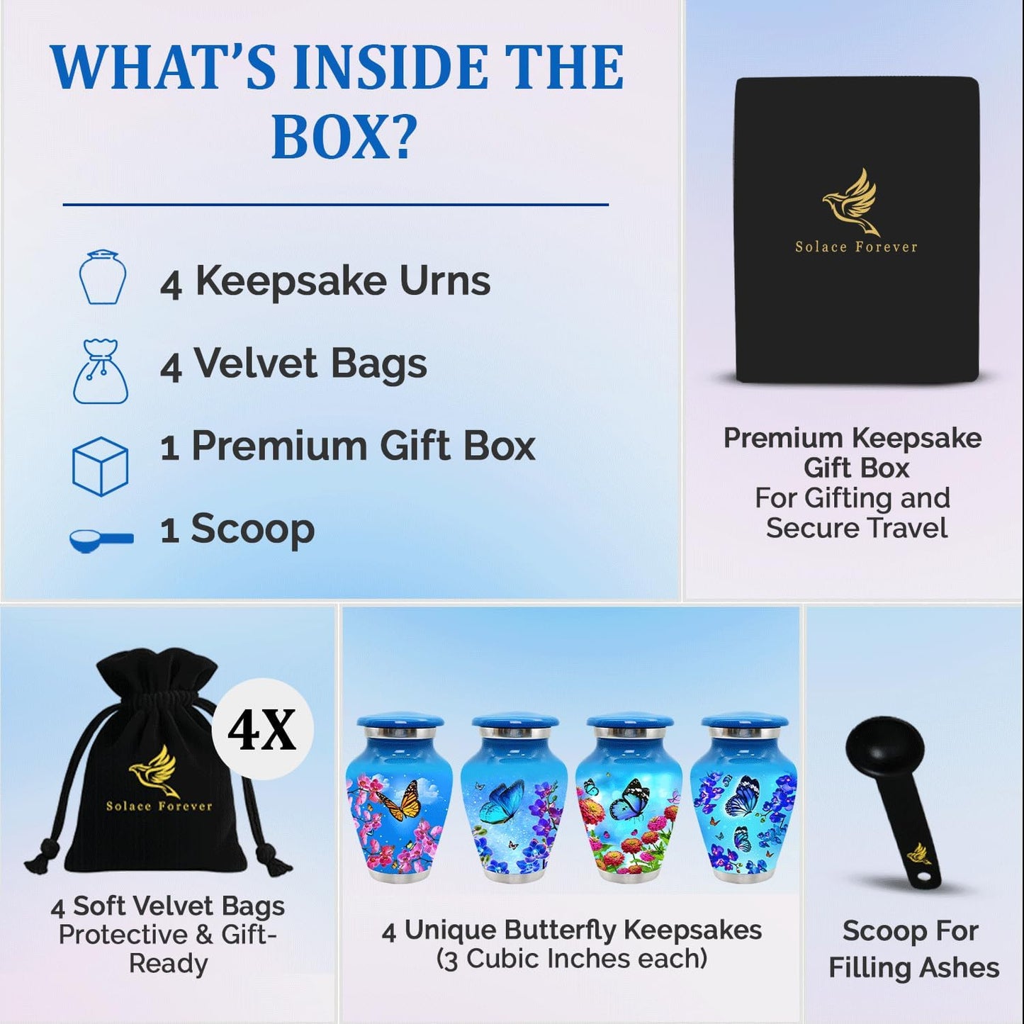 Small Urns for Human Ashes Keepsake - Set of 4 Mini Butterfly Cremation Urns for Women - 3 Cubic Inch Each - Memorial Keepsake Urns with Velvet Bag and Box for Loved One (Sky Blue, Set of 4)