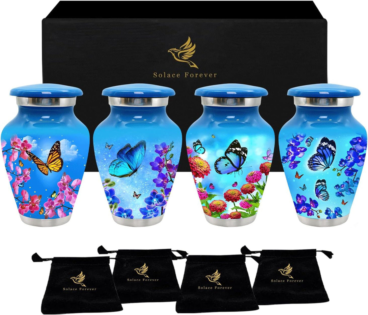 Small Urns for Human Ashes Keepsake - Set of 4 Mini Butterfly Cremation Urns for Women - 3 Cubic Inch Each - Memorial Keepsake Urns with Velvet Bag and Box for Loved One (Sky Blue, Set of 4)