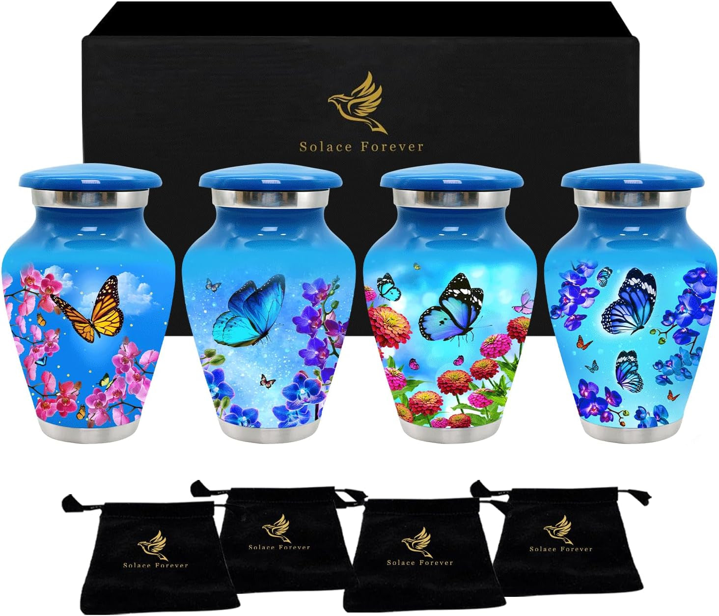 Small Urns for Human Ashes Keepsake - Set of 4 Mini Butterfly Cremation Urns for Women - 3 Cubic Inch Each - Memorial Keepsake Urns with Velvet Bag and Box for Loved One (Sky Blue, Set of 4)
