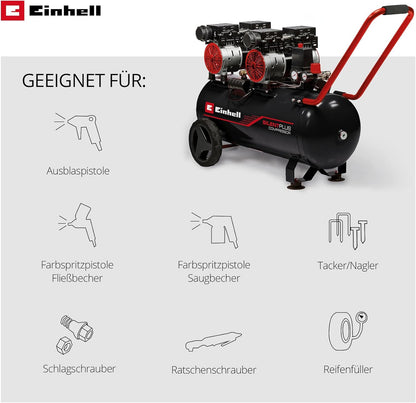 Einhell Kompressor TE-AC 270/50 Silent plus (1500 W., Max. 8 Bar, 50 L-Tank, 270 L/Min Ansaugleistung, Motordrehzahl 1450 Min^-1, Druckminderer, Manometer, Ölfrei)