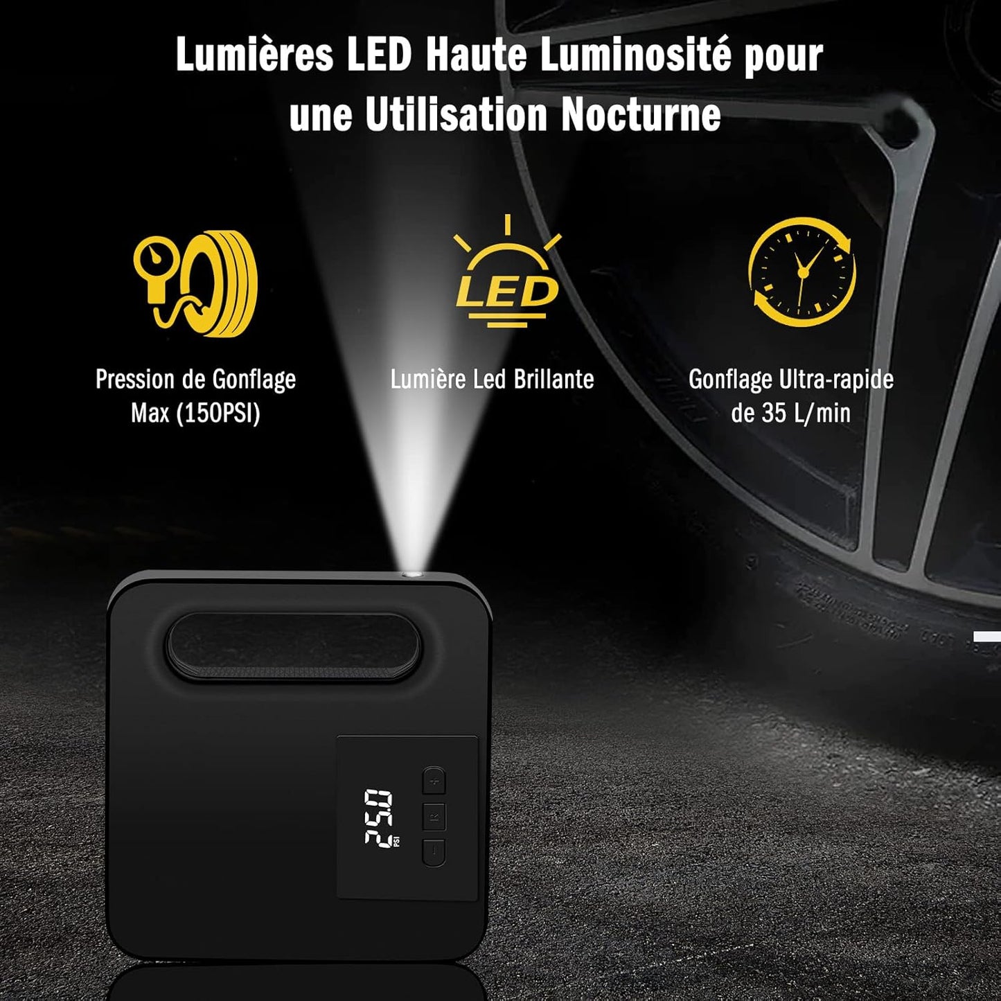 Vinabo 12V Luftkompressor, Tragbarer Kompressor Autoreifen, 150PSI Mini Reifenfüller Tragbar Mit LED Licht - Digitaler Reifendruckmesser Automatische Pumpe/Abschaltung (Schwarz)