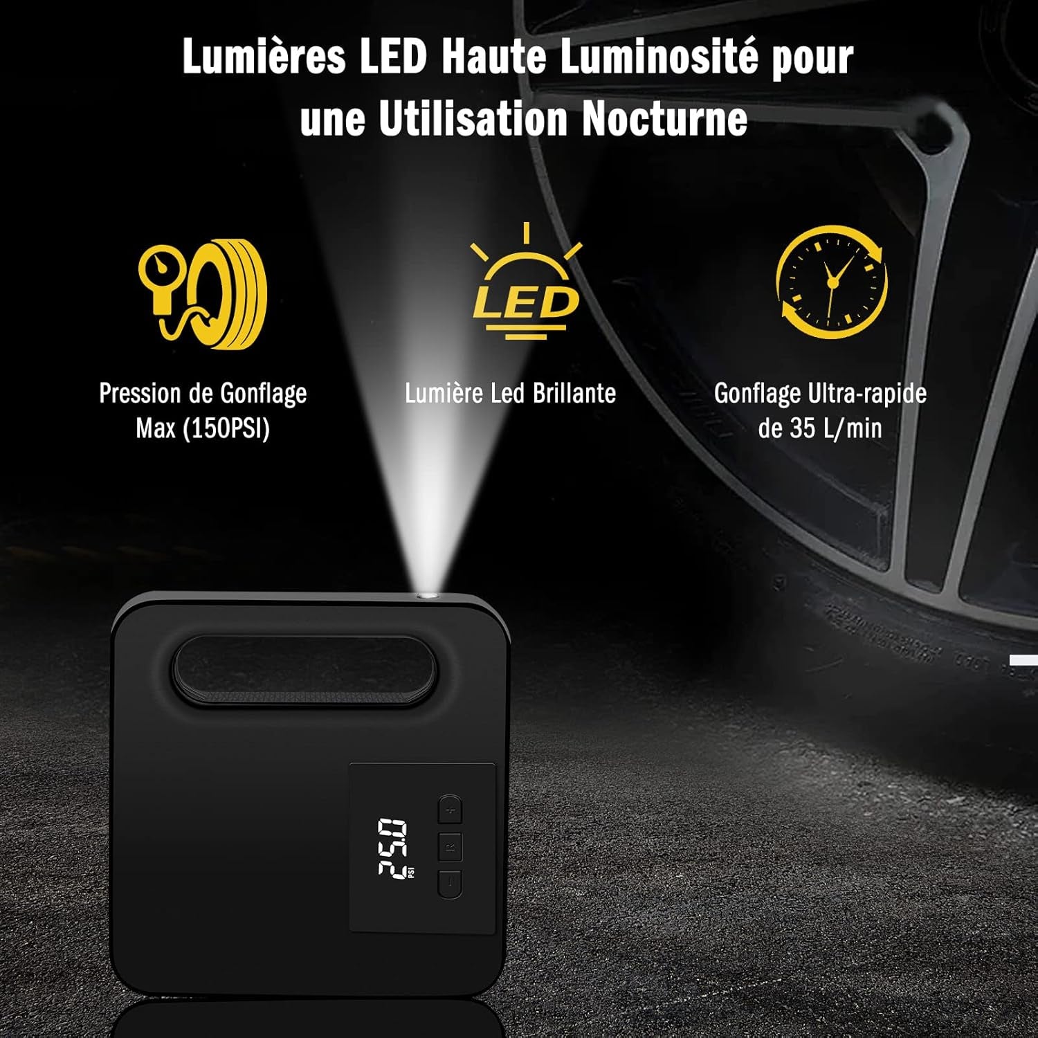 Vinabo 12V Luftkompressor, Tragbarer Kompressor Autoreifen, 150PSI Mini Reifenfüller Tragbar Mit LED Licht - Digitaler Reifendruckmesser Automatische Pumpe/Abschaltung (Schwarz)