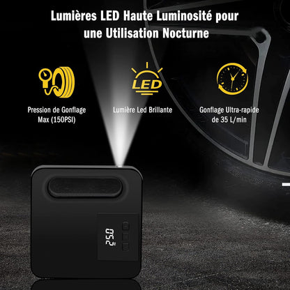 Vinabo 12V Luftkompressor, Tragbarer Kompressor Autoreifen, 150PSI Mini Reifenfüller Tragbar Mit LED Licht - Digitaler Reifendruckmesser Automatische Pumpe/Abschaltung (Schwarz)