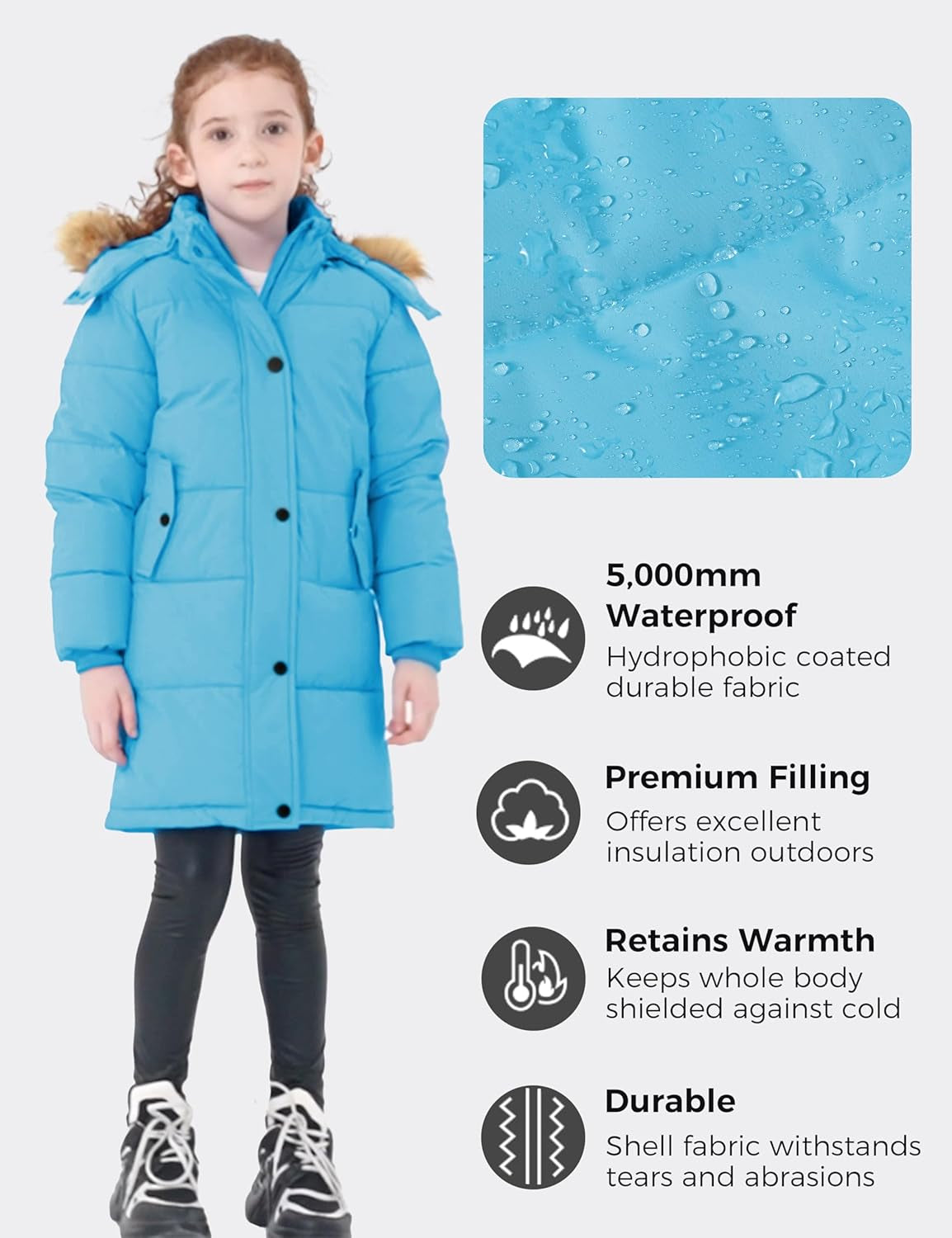 Girl'S Winter Coat Long Puffer Jacket Fleece Parka with Hood Waterproof