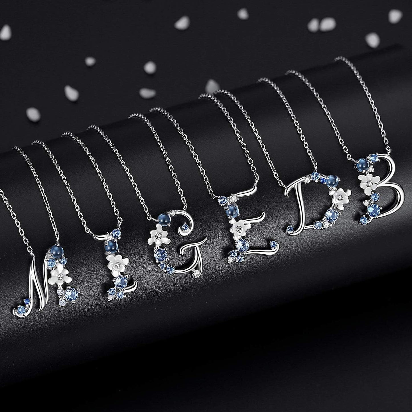 Initial Necklace for Women 925 Sterling Silver Initial a to Z Letter Pendant Necklace with Blue Flower Cubic Zirconia Birthday Engagement Gift for Women,Mom, Couple
