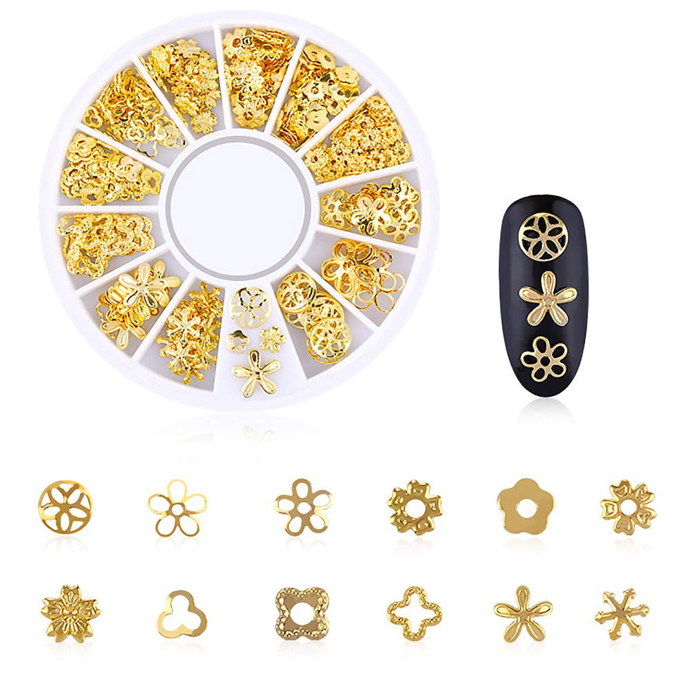 6 Boxes Gold Nail Charms Studs Rose Star Moon Feather Shape Metal Nail 3D Charm Kit 3D Nail Art Jewelry Decoration with 1Pc Tweezers and Picker Pencil Tools
