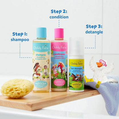 Childs Farm Kinder-Shampoo, 250 Ml, Erdbeere Und Bio-Minze, Alle Haartypen, Entwirrt Und Pflegt, Geeignet Für Trockene, Empfindliche Und Zu Ekzemen Neigende Haut Und Kopfhaut