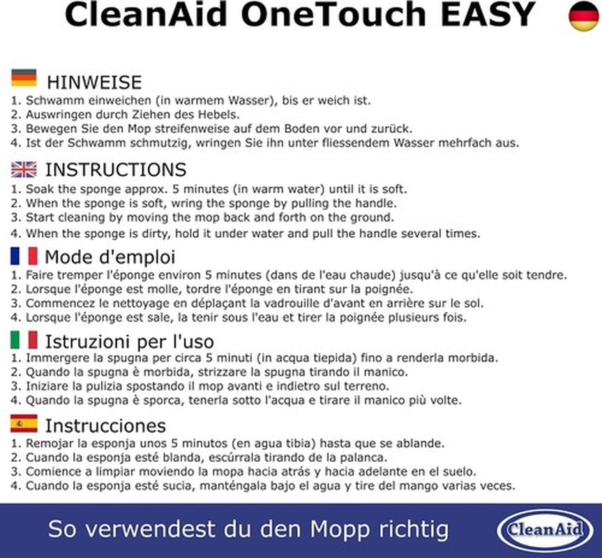 Cleanaid Onetouch Easy Wischmopp, Bodenwischer, Wischer - Besonders Saugstark -