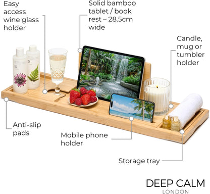 Badewannenablage - Verstellbares Bambus-Badewannenbrett - Rutschfeste Badewannenablage Passend Für Die Meisten Badewannen - Hält Buch, Ipad, Telefon, Glas, Kerze (Natural)