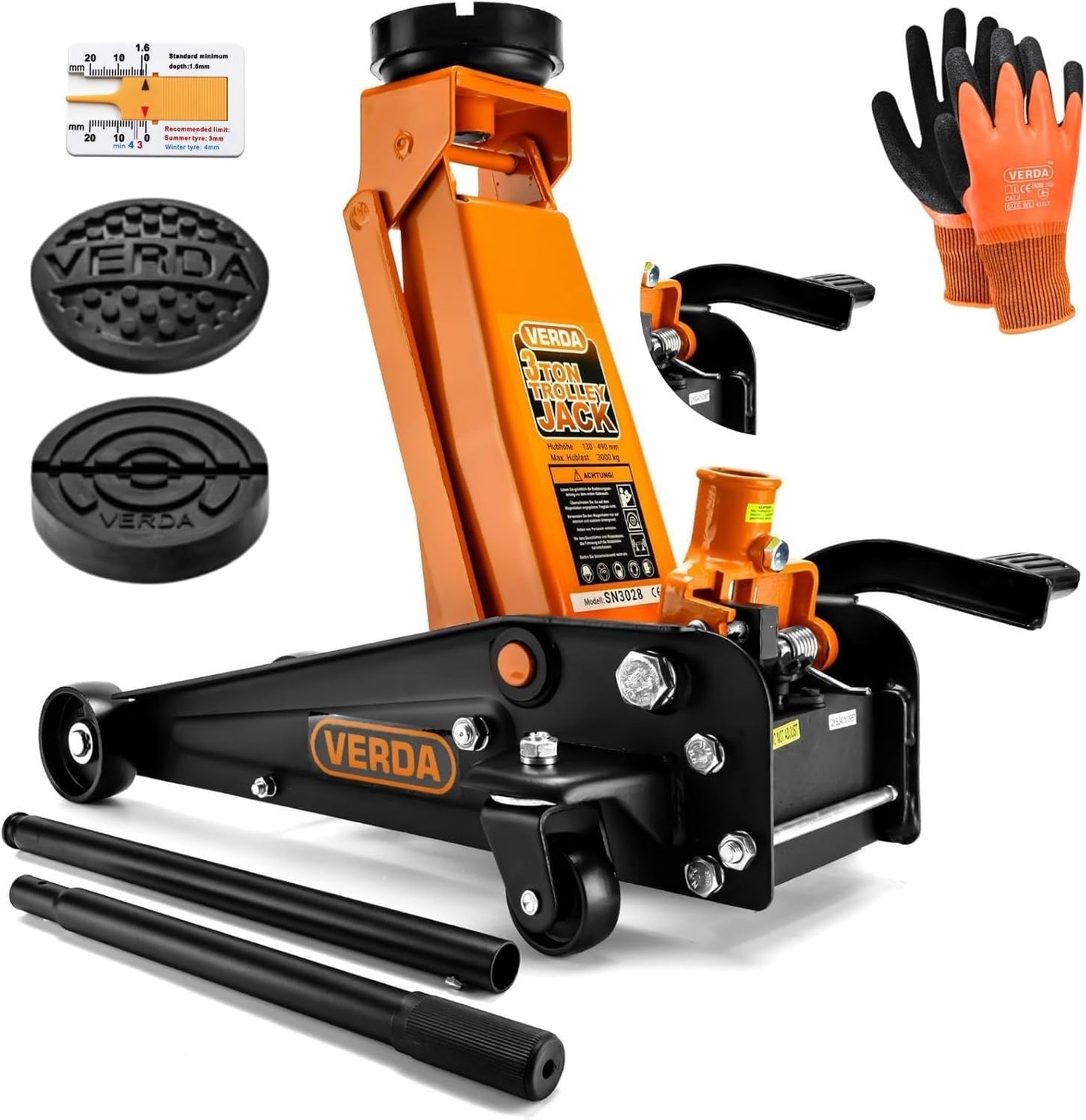 Wagenheber Hydraulisch 3T, Hubhöhe 130-490Mm, Mit Fußpedal, 2X Gummi, Profilmesser, Montagehandschuhe Rangierwagenheber Flach, Profi Heber, PKW, Wohnmobil, Geländewagen, (Wagenheber)