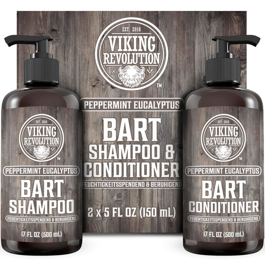 Viking Revolution Bart Shampoo & Conditioner Set - Erweicht, Glättet & Stärkt Den Bartwuchs - Natürlicher Pfefferminz- & Eukalyptusduft - Geschenke Für Männer - 2 X 500 Ml