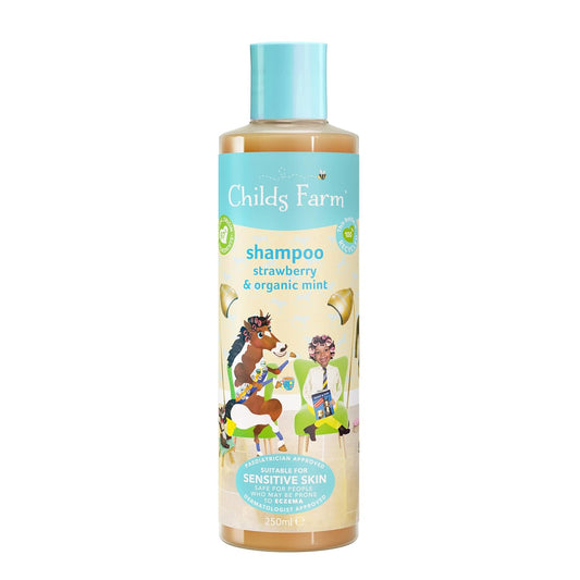 Childs Farm Kinder-Shampoo, 250 Ml, Erdbeere Und Bio-Minze, Alle Haartypen, Entwirrt Und Pflegt, Geeignet Für Trockene, Empfindliche Und Zu Ekzemen Neigende Haut Und Kopfhaut