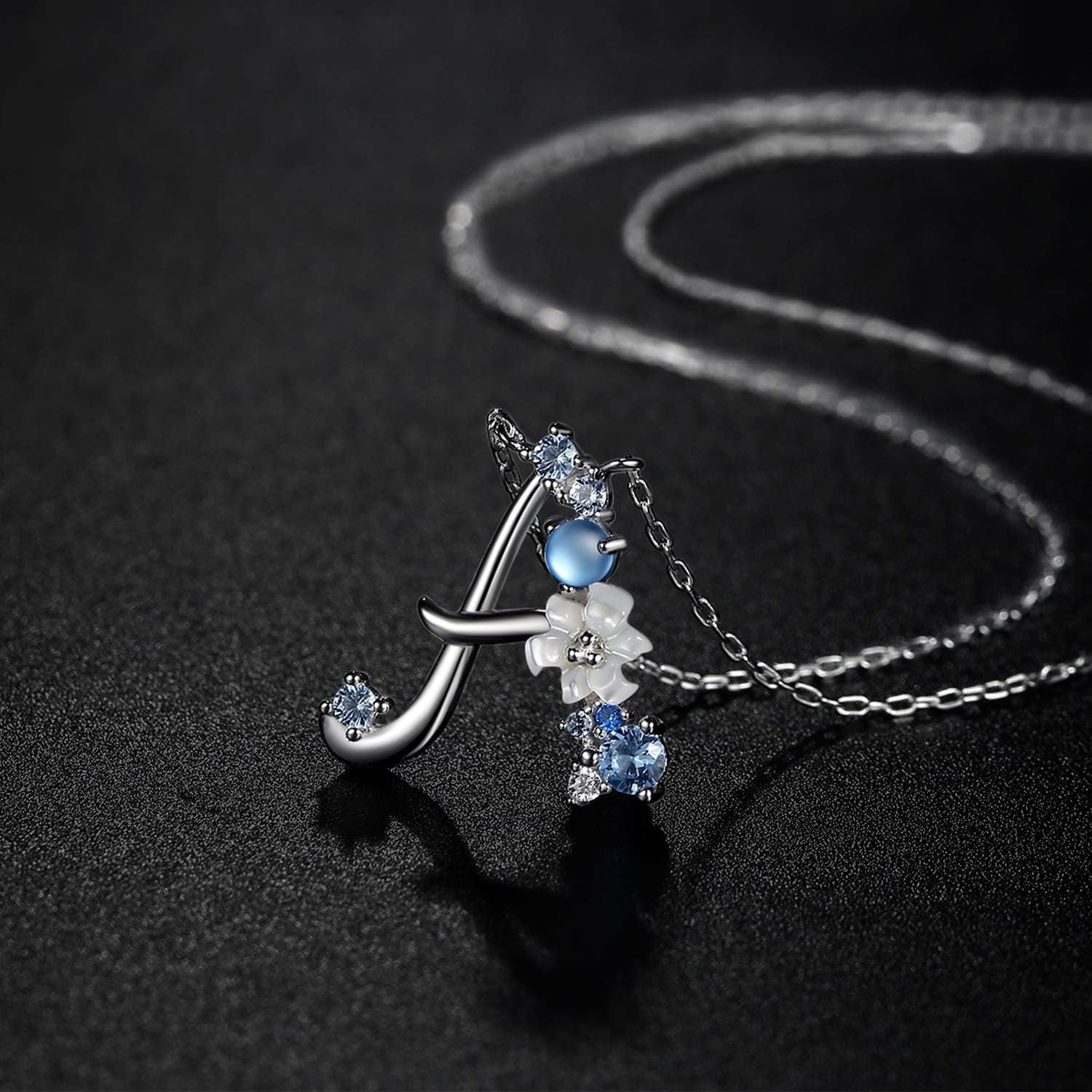 Initial Necklace for Women 925 Sterling Silver Initial a to Z Letter Pendant Necklace with Blue Flower Cubic Zirconia Birthday Engagement Gift for Women,Mom, Couple