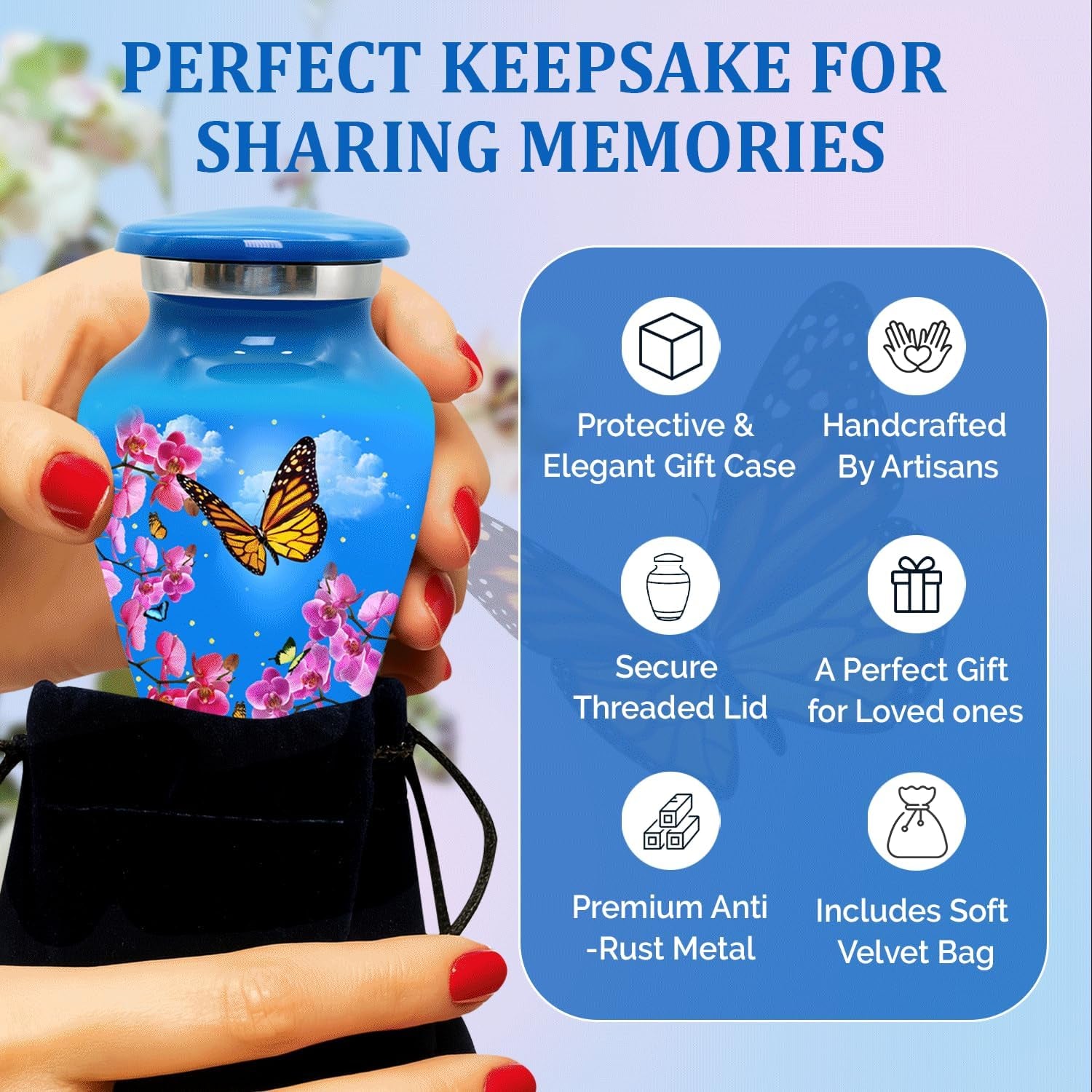Small Urns for Human Ashes Keepsake - Set of 4 Mini Butterfly Cremation Urns for Women - 3 Cubic Inch Each - Memorial Keepsake Urns with Velvet Bag and Box for Loved One (Sky Blue, Set of 4)