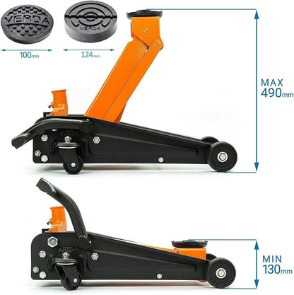 Wagenheber Hydraulisch 3T, Hubhöhe 130-490Mm, Mit Fußpedal, 2X Gummi, Profilmesser, Montagehandschuhe Rangierwagenheber Flach, Profi Heber, PKW, Wohnmobil, Geländewagen, (Wagenheber)