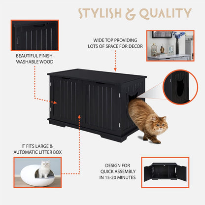 X-Large Designer Cat Washroom Storage Bench Cat Litter Box Enclosure Furniture Box House with Table (Black)