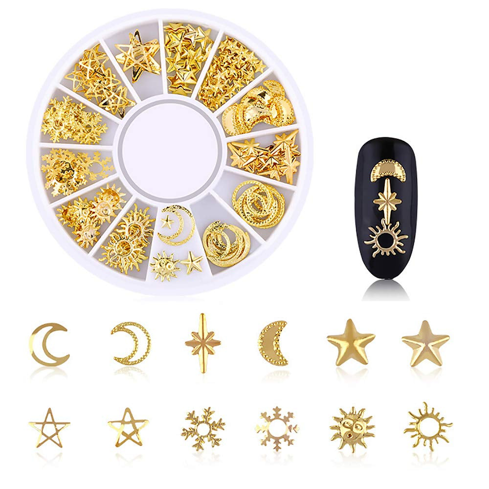 6 Boxes Gold Nail Charms Studs Rose Star Moon Feather Shape Metal Nail 3D Charm Kit 3D Nail Art Jewelry Decoration with 1Pc Tweezers and Picker Pencil Tools