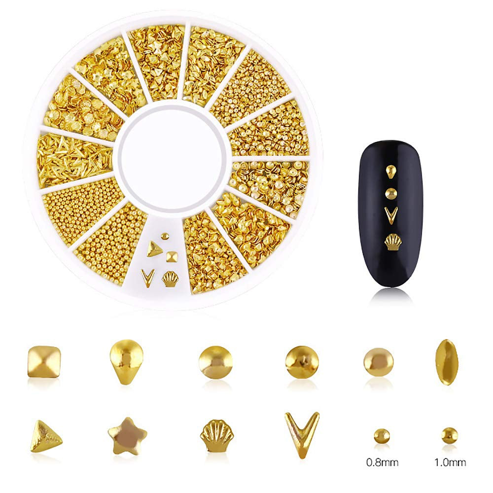 6 Boxes Gold Nail Charms Studs Rose Star Moon Feather Shape Metal Nail 3D Charm Kit 3D Nail Art Jewelry Decoration with 1Pc Tweezers and Picker Pencil Tools