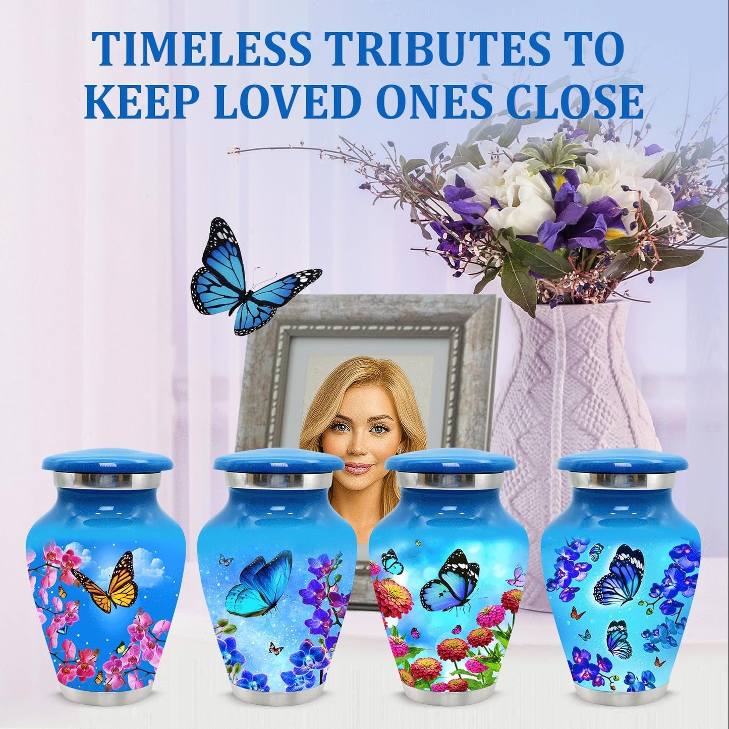 Small Urns for Human Ashes Keepsake - Set of 4 Mini Butterfly Cremation Urns for Women - 3 Cubic Inch Each - Memorial Keepsake Urns with Velvet Bag and Box for Loved One (Sky Blue, Set of 4)