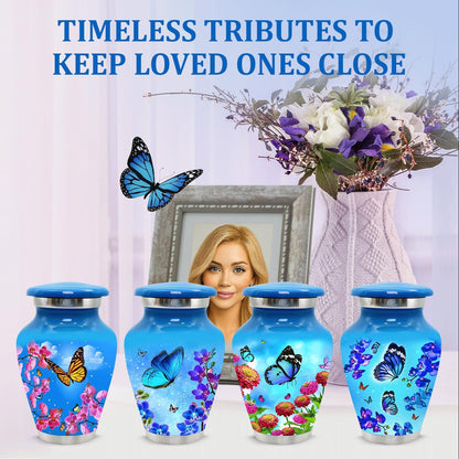 Small Urns for Human Ashes Keepsake - Set of 4 Mini Butterfly Cremation Urns for Women - 3 Cubic Inch Each - Memorial Keepsake Urns with Velvet Bag and Box for Loved One (Sky Blue, Set of 4)