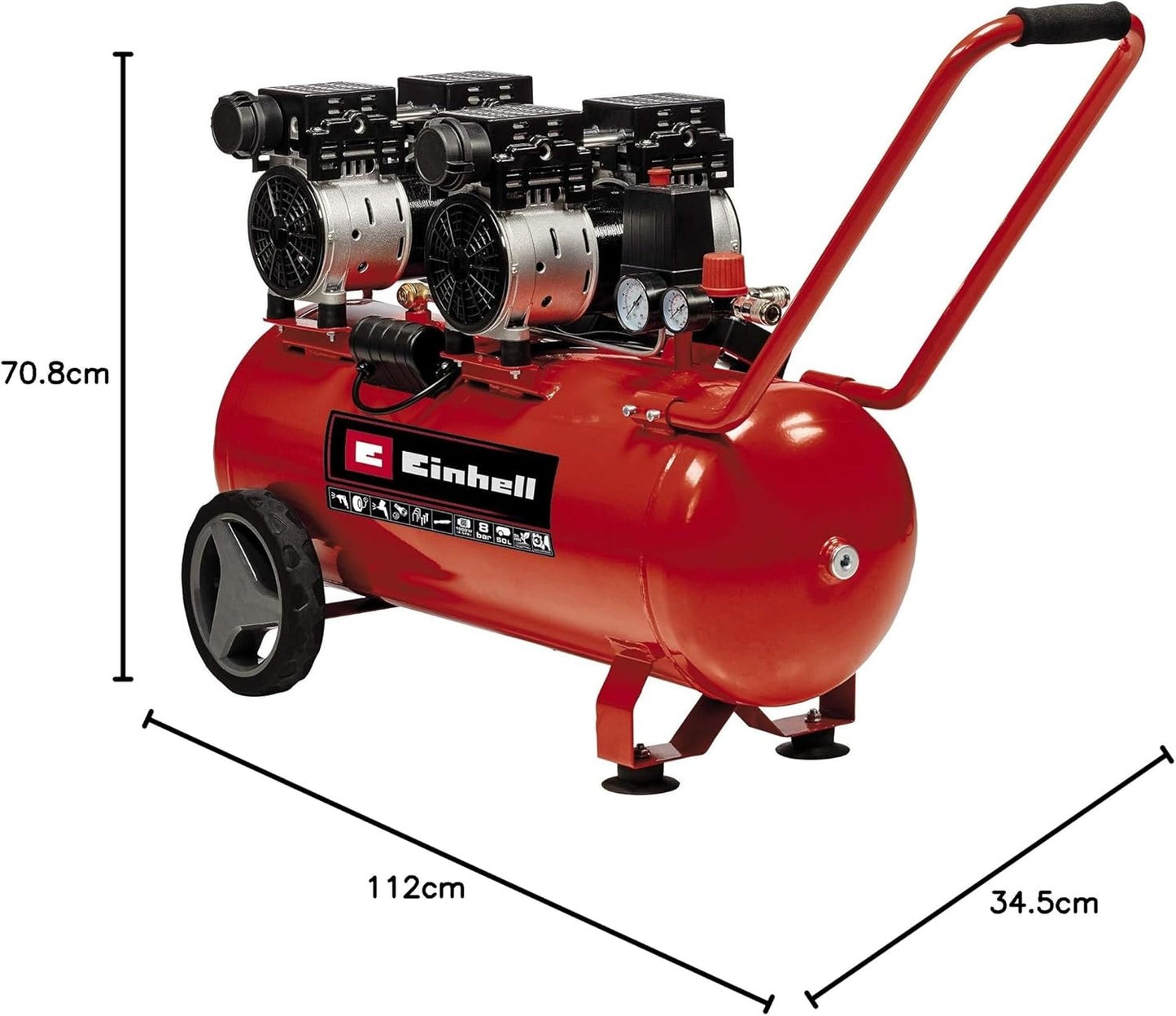 Einhell Kompressor TE-AC 270/50 Silent plus (1500 W., Max. 8 Bar, 50 L-Tank, 270 L/Min Ansaugleistung, Motordrehzahl 1450 Min^-1, Druckminderer, Manometer, Ölfrei)