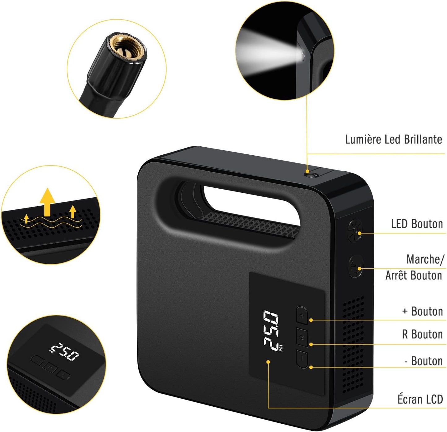 Vinabo 12V Luftkompressor, Tragbarer Kompressor Autoreifen, 150PSI Mini Reifenfüller Tragbar Mit LED Licht - Digitaler Reifendruckmesser Automatische Pumpe/Abschaltung (Schwarz)