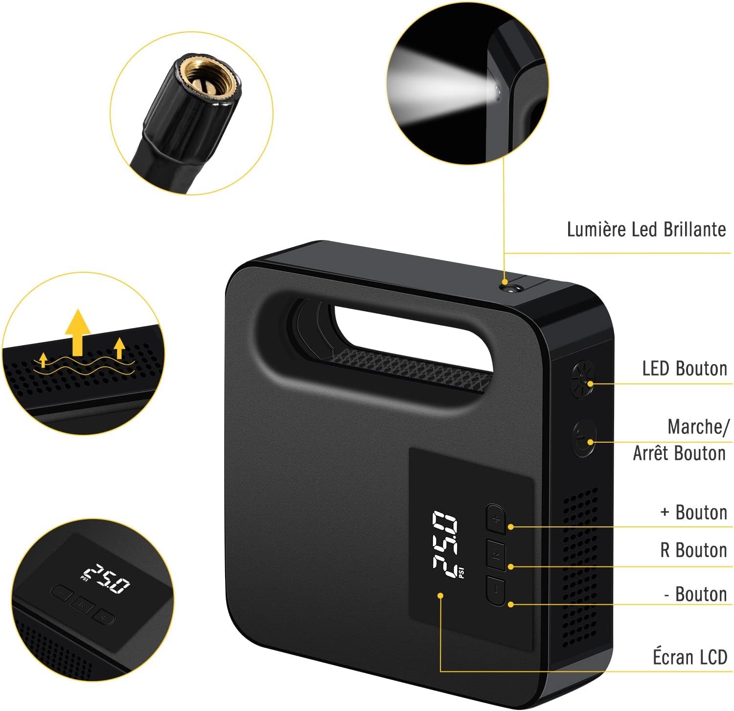 Vinabo 12V Luftkompressor, Tragbarer Kompressor Autoreifen, 150PSI Mini Reifenfüller Tragbar Mit LED Licht - Digitaler Reifendruckmesser Automatische Pumpe/Abschaltung (Schwarz)