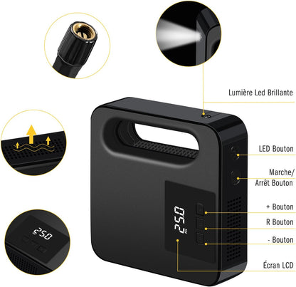 Vinabo 12V Luftkompressor, Tragbarer Kompressor Autoreifen, 150PSI Mini Reifenfüller Tragbar Mit LED Licht - Digitaler Reifendruckmesser Automatische Pumpe/Abschaltung (Schwarz)