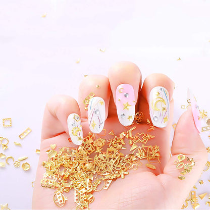 6 Boxes Gold Nail Charms Studs Rose Star Moon Feather Shape Metal Nail 3D Charm Kit 3D Nail Art Jewelry Decoration with 1Pc Tweezers and Picker Pencil Tools