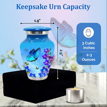 Small Urns for Human Ashes Keepsake - Set of 4 Mini Butterfly Cremation Urns for Women - 3 Cubic Inch Each - Memorial Keepsake Urns with Velvet Bag and Box for Loved One (Sky Blue, Set of 4)