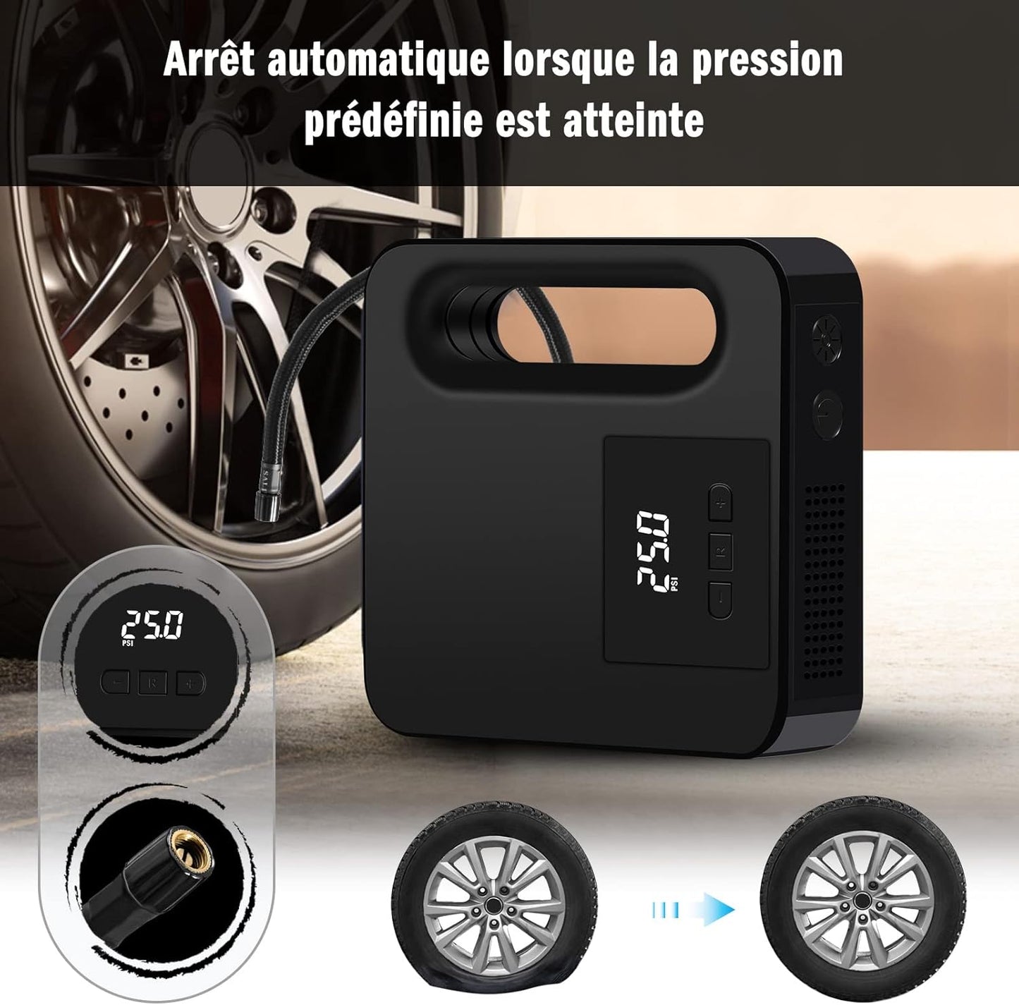 Vinabo 12V Luftkompressor, Tragbarer Kompressor Autoreifen, 150PSI Mini Reifenfüller Tragbar Mit LED Licht - Digitaler Reifendruckmesser Automatische Pumpe/Abschaltung (Schwarz)