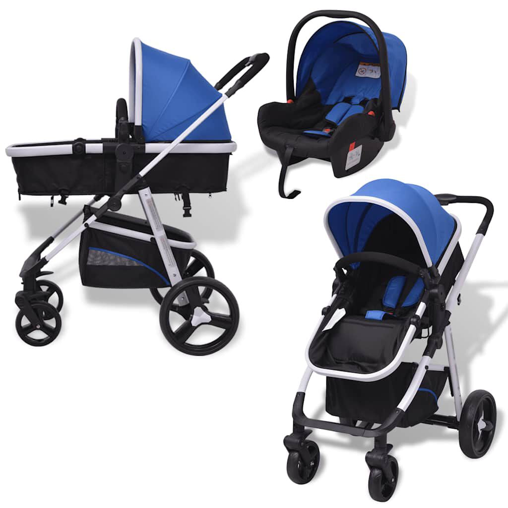3-In-1 Kinderwagen Aluminium Blau Und Schwarz