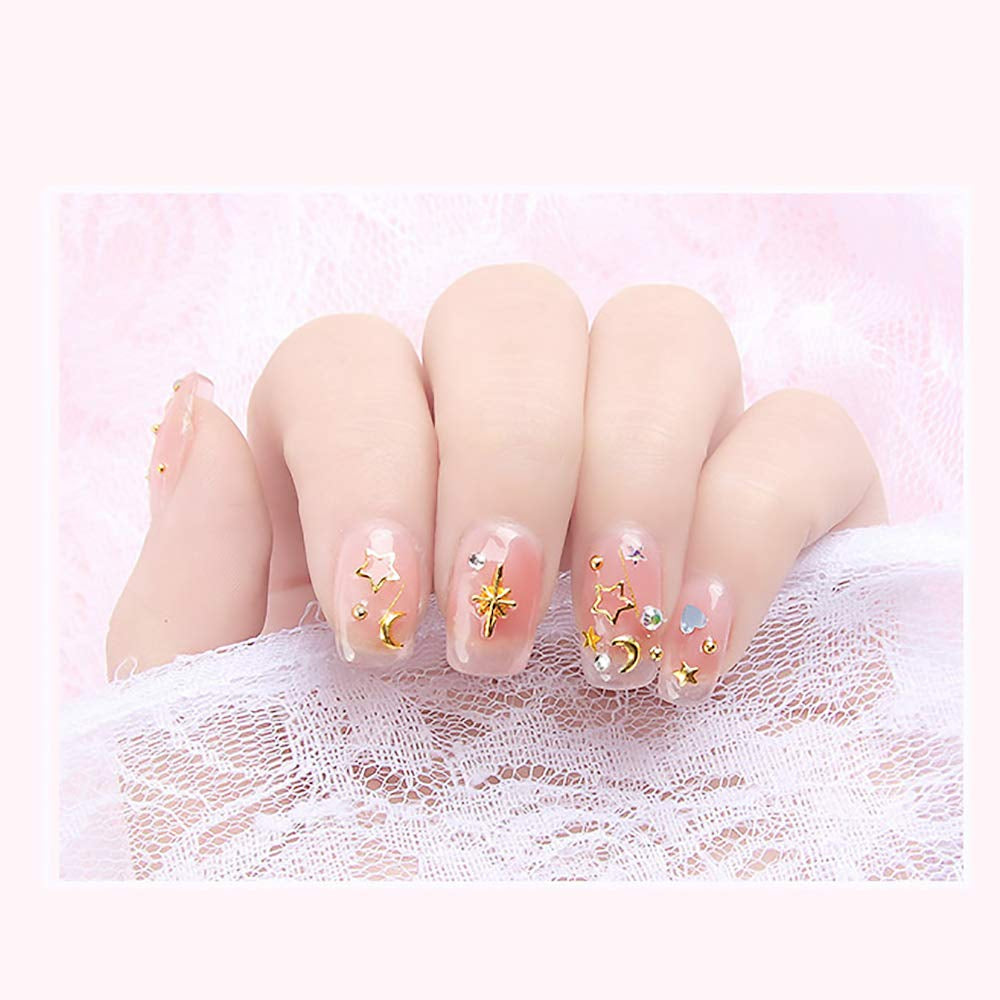 6 Boxes Gold Nail Charms Studs Rose Star Moon Feather Shape Metal Nail 3D Charm Kit 3D Nail Art Jewelry Decoration with 1Pc Tweezers and Picker Pencil Tools