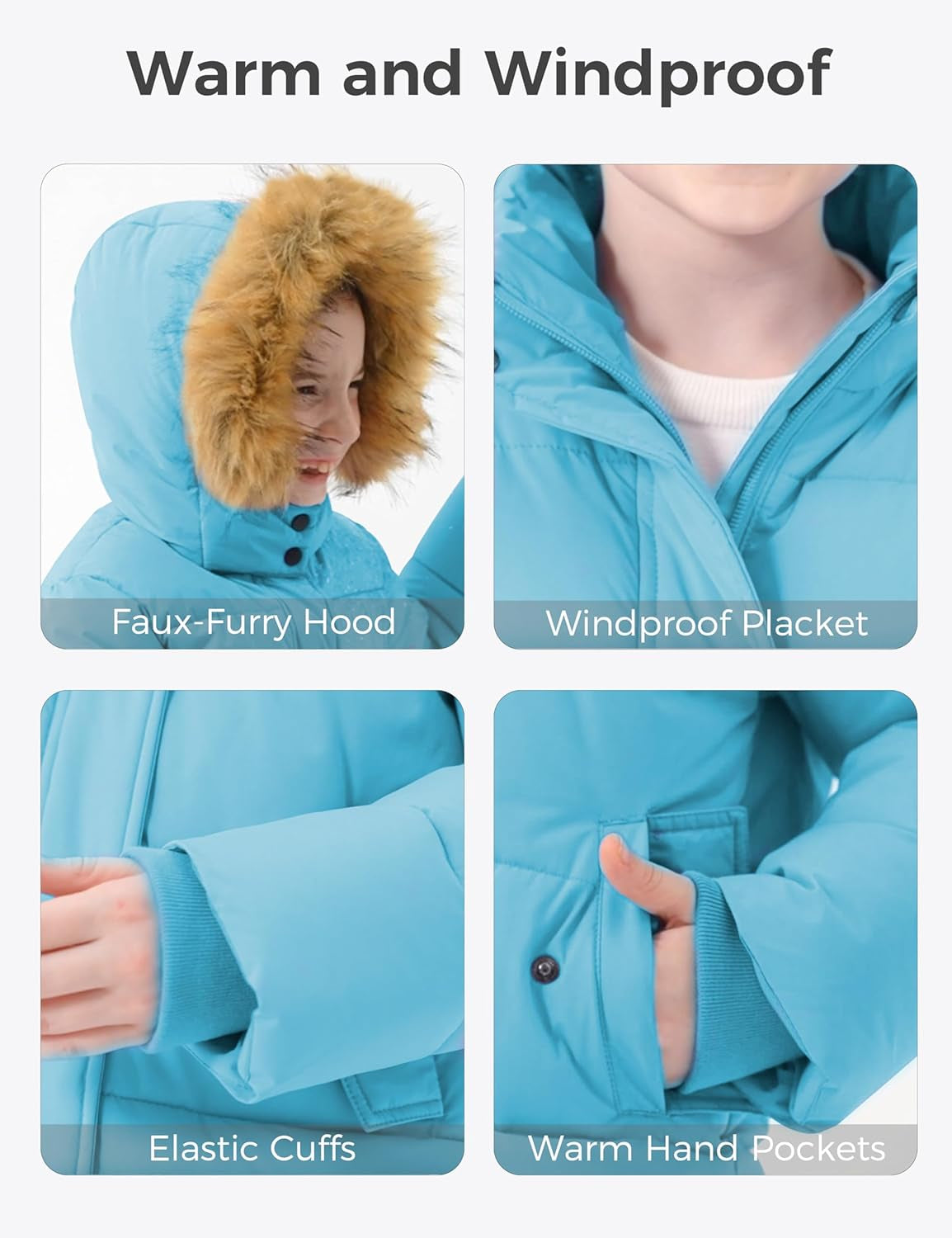 Girl'S Winter Coat Long Puffer Jacket Fleece Parka with Hood Waterproof